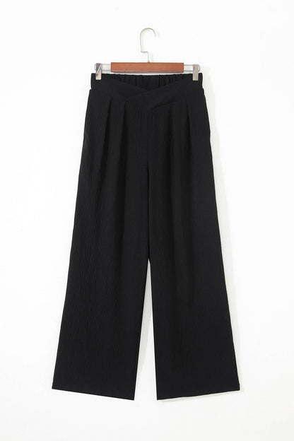 Color black Solid Color Textured Crossed Waist Loose Pants