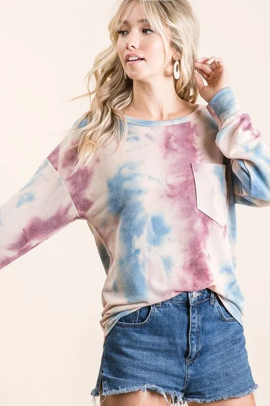 Tie Dye Print Terry Top With Front Patch Pocket