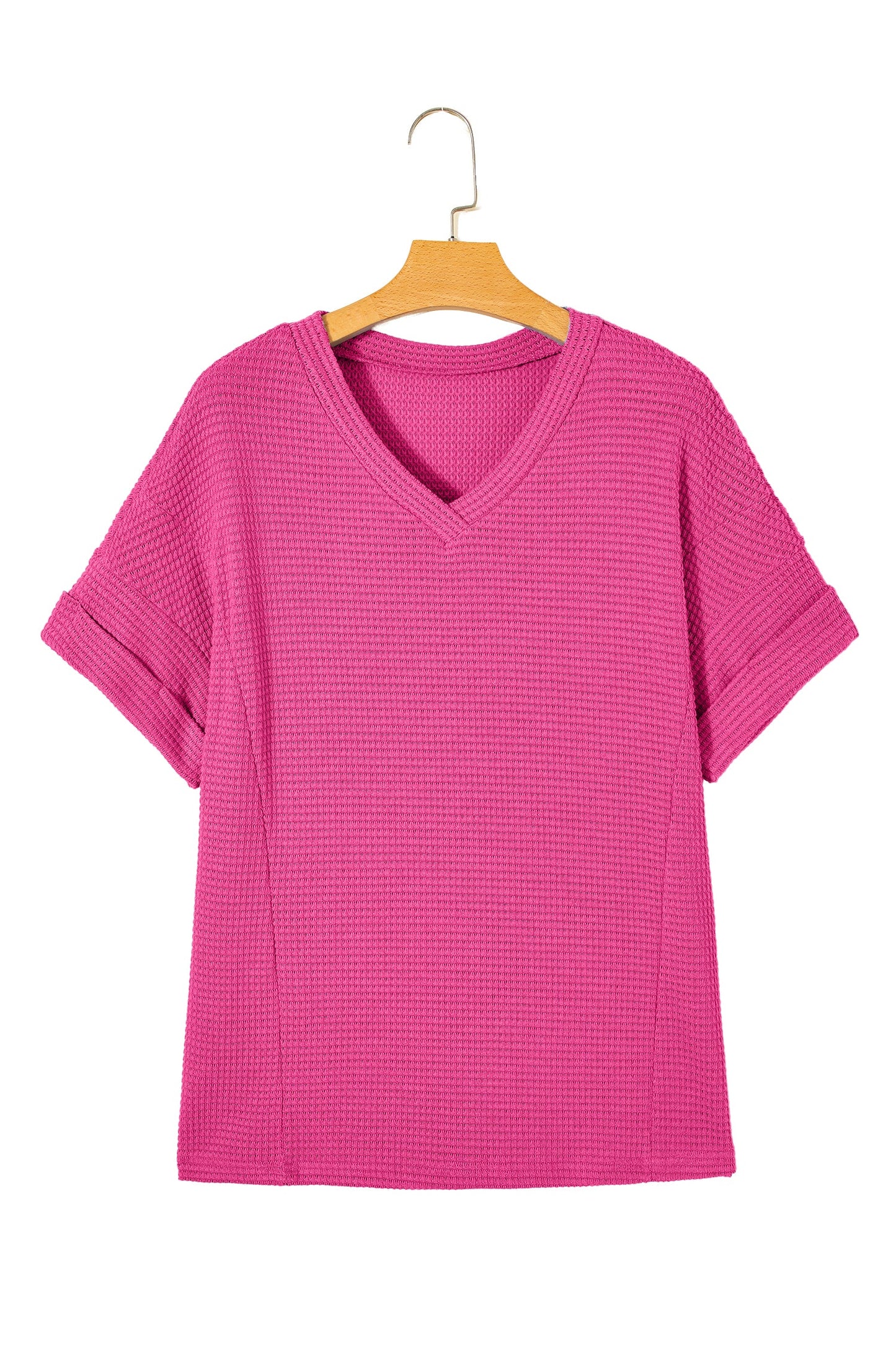 Strawberry Pink Waffle V Neck Short Sleeve Knit Top
