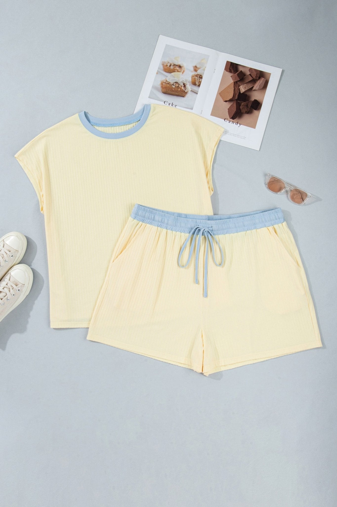 Yellow Cream Plus Size Ribbed Color Block Trim Drawstring Shorts 2pcs Set - Loving It Shop
