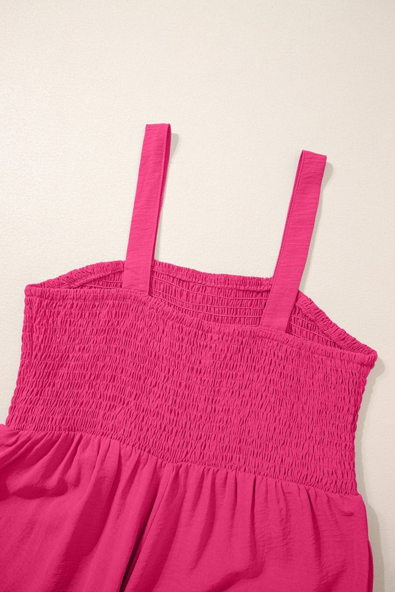 Rose Red Smocked Square Neck Sleeveless Jumpsuit with Pockets - Loving It Shop