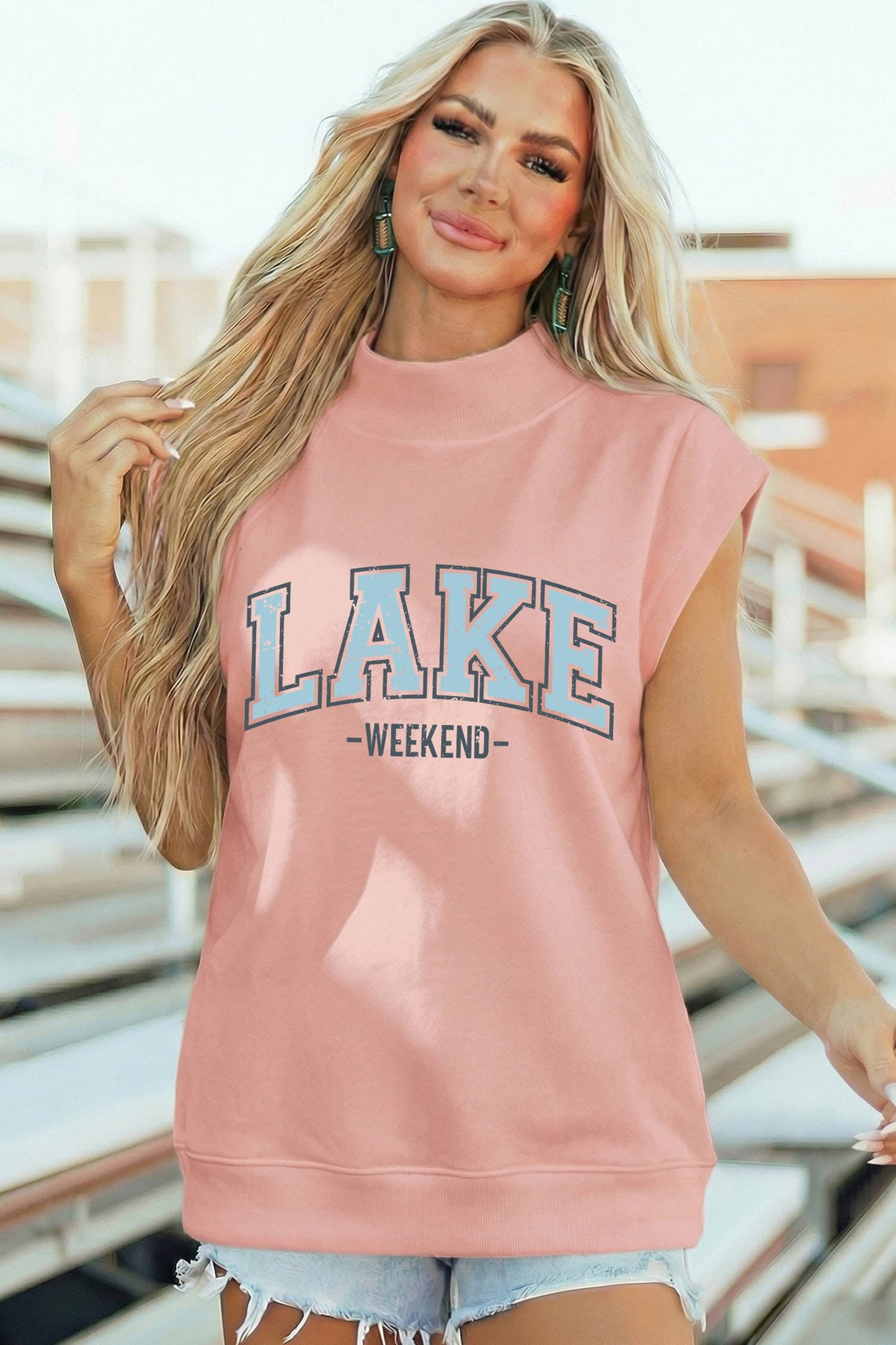 Pink Lake Weekend Graphic High Neck Short Sleeve Top - Loving It Shop