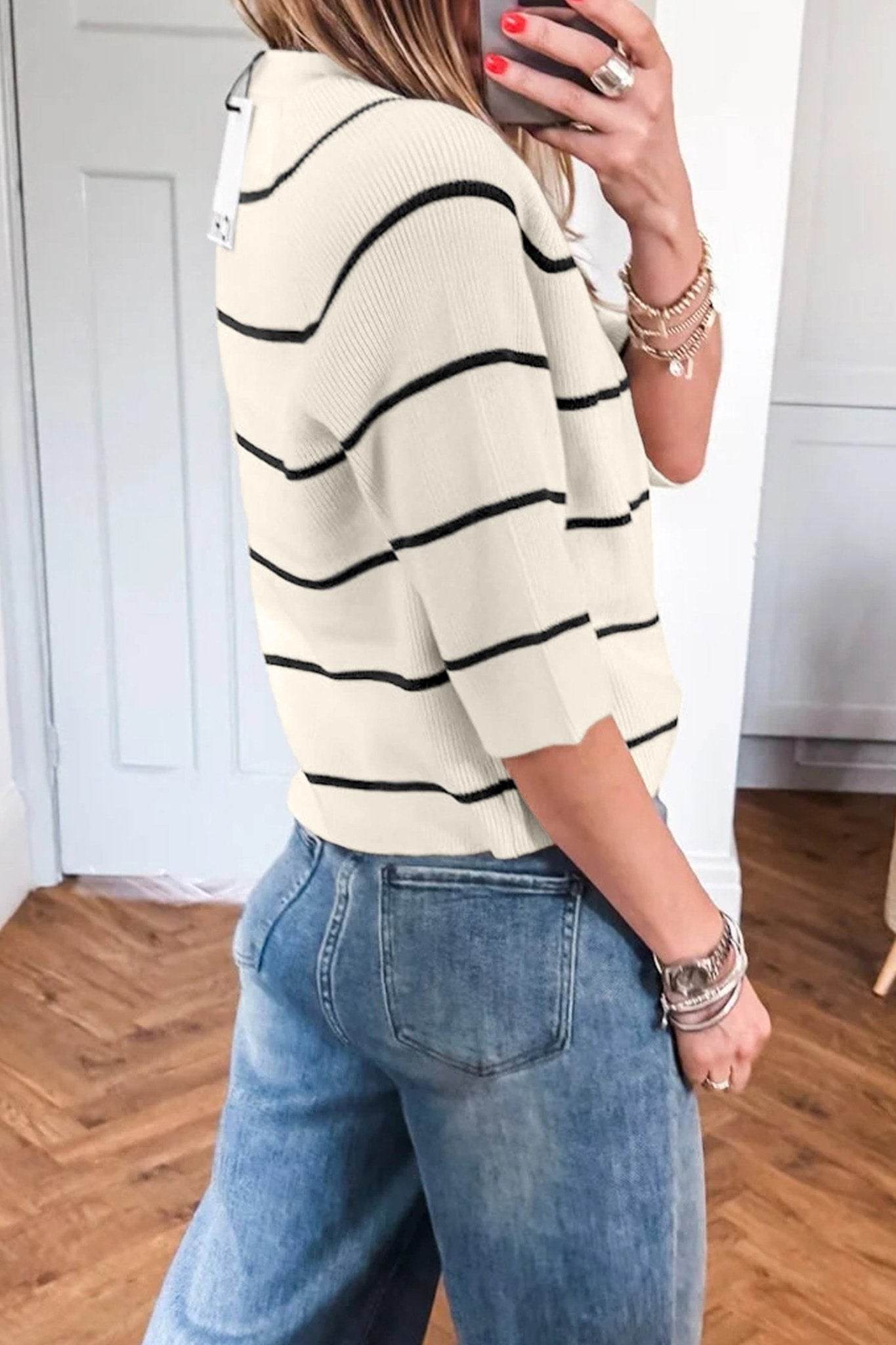 White Stripe Ribbed Knit Half Sleeve Loose Sweater Tee - Loving It Shop