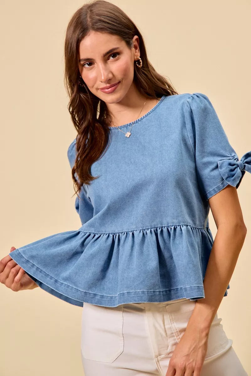 Denim Bow Detail Short Sleeves Peplum Top