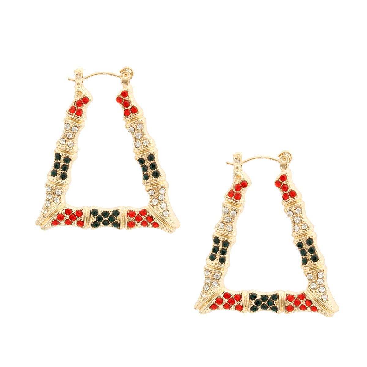 Statement Bamboo Hoops Earrings with Red and Green Bling Trapezoid Design