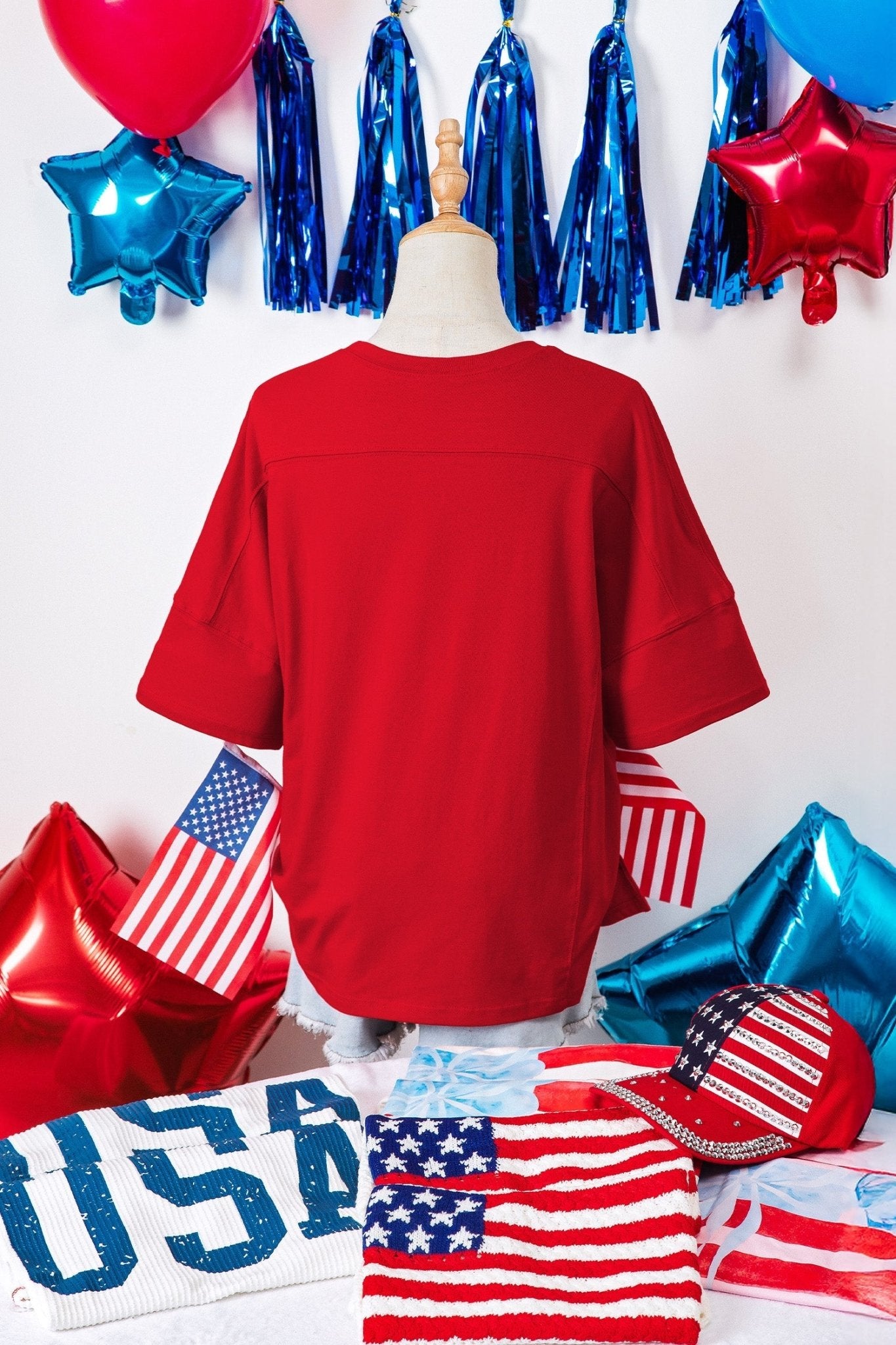 Fiery Red Patriotic USA Slogan Patch Embroidery Short Sleeve T Shirt - Loving It Shop