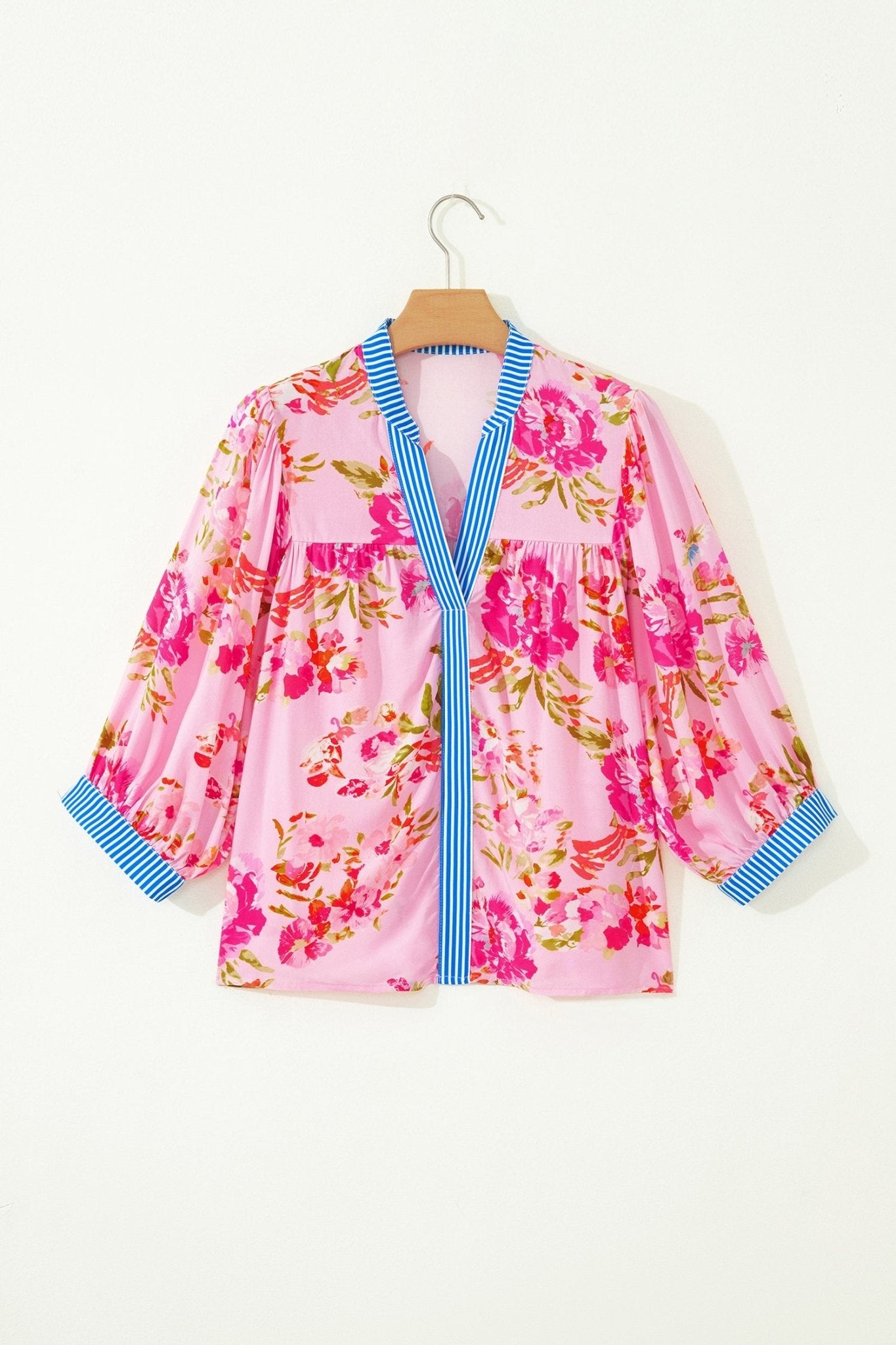 Multicolour Floral Half Sleeve Striped Trim V Neck Blouse - Loving It Shop