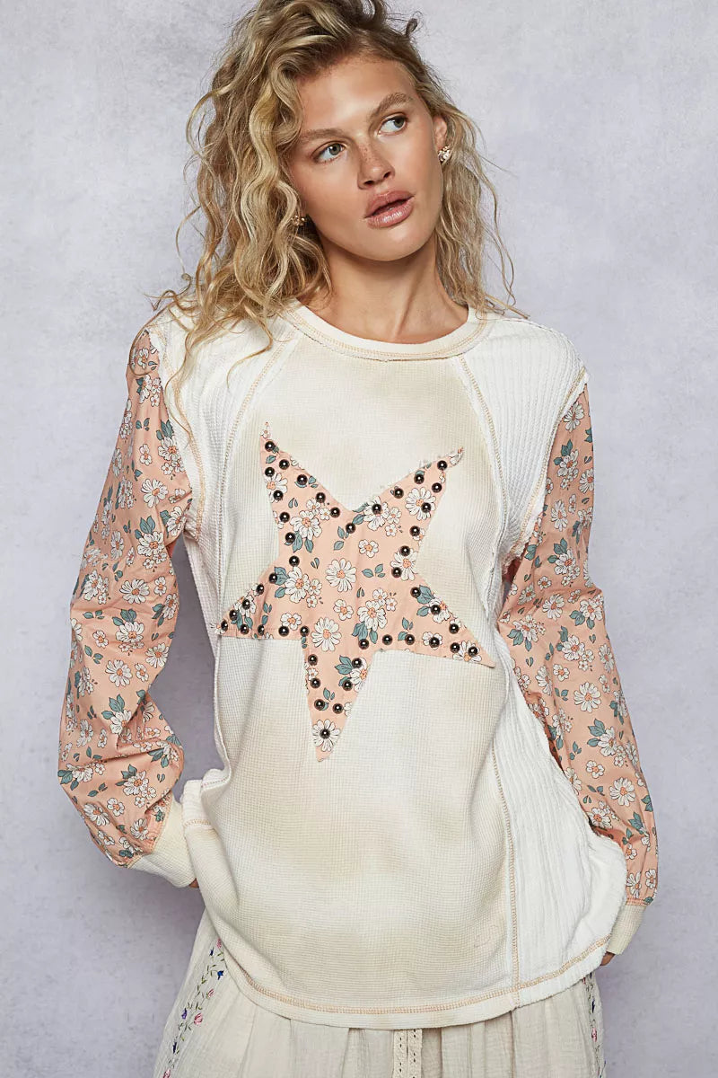 Exposed Seam Star Patch Thermal Top with Floral Sleeves