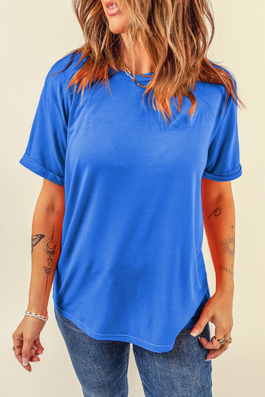 Dark Blue Casual Plain Crew Neck Tee - Loving It Shop