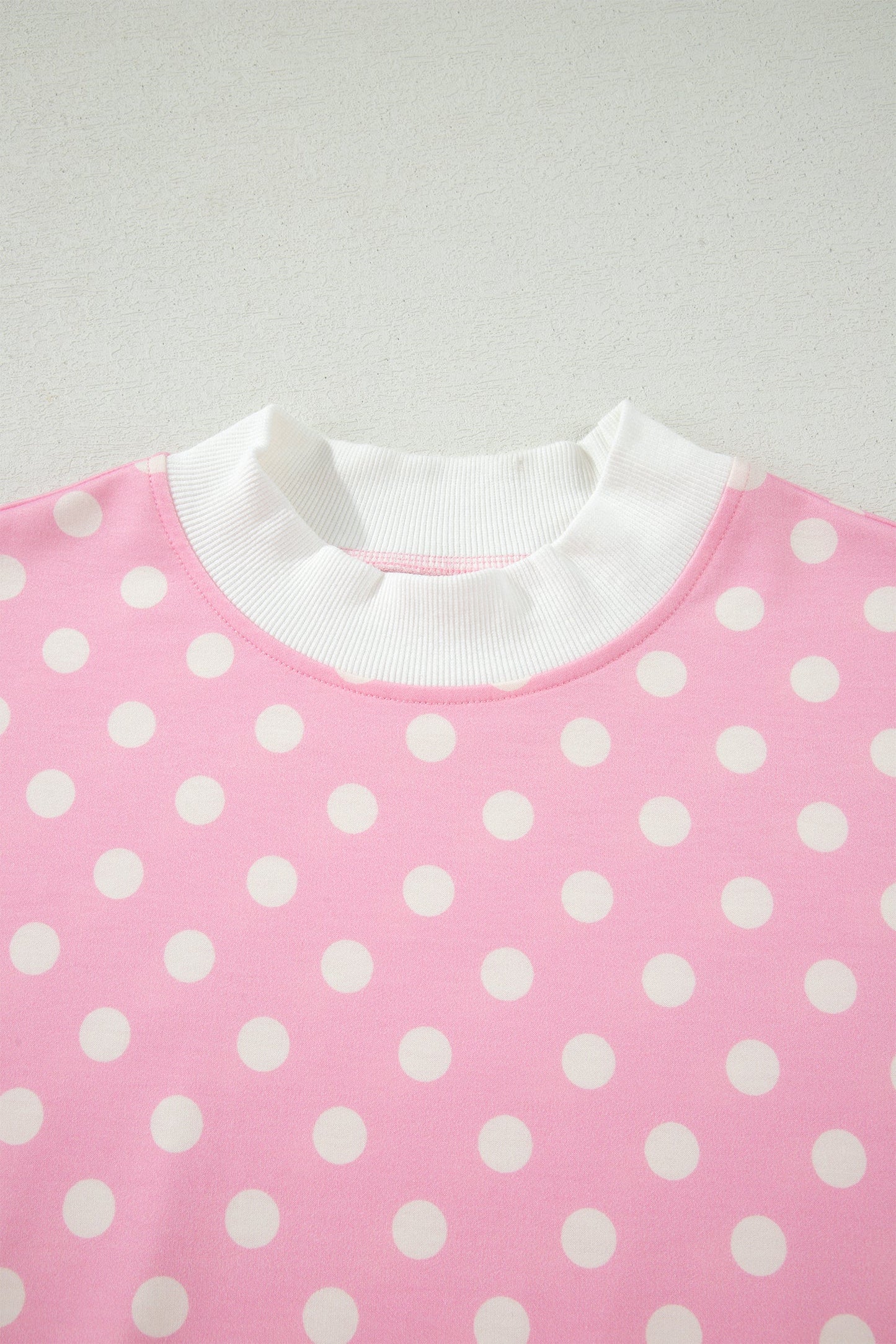 Pink Polka Dot Print Color Block Trim Mock Neck Short Set