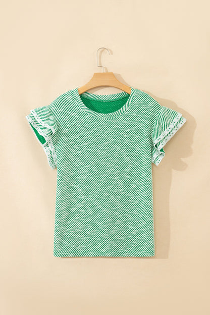 Clearly Aqua Twilled Print Lace Trim Ruffled Short Sleeve Blouse