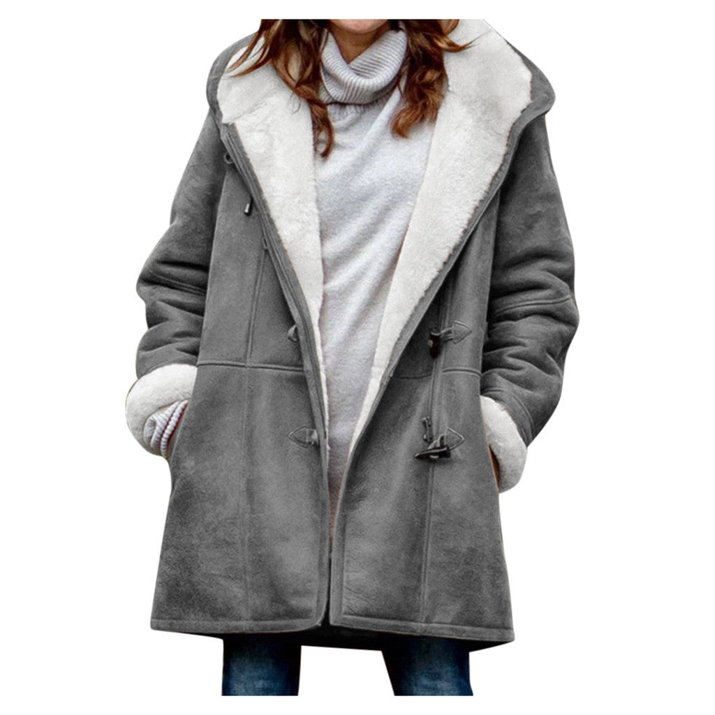 Winter Button Coat Fashion Warm Hooded Jacket With Pockets Women&