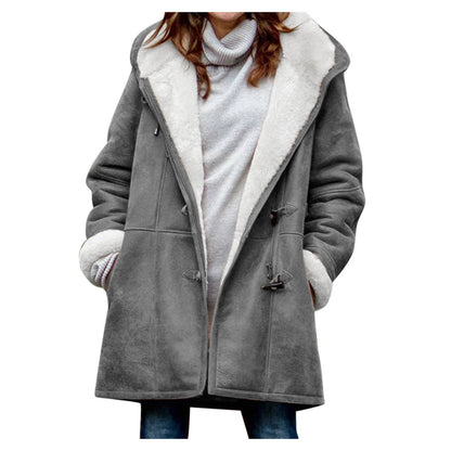 Winter Button Coat Fashion Warm Hooded Jacket With Pockets Women&