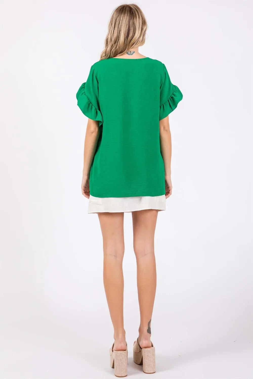 Ruffled Short Sleeve V-Neck Blouse