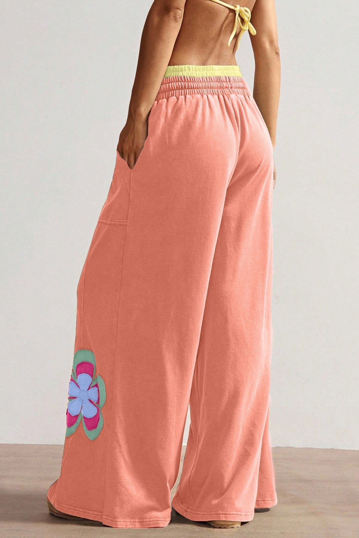 Grapefruit Orange Color Block Flower Patchwork Drawstring Contrasted Elastic Waist Wide Leg Pants - Loving It Shop