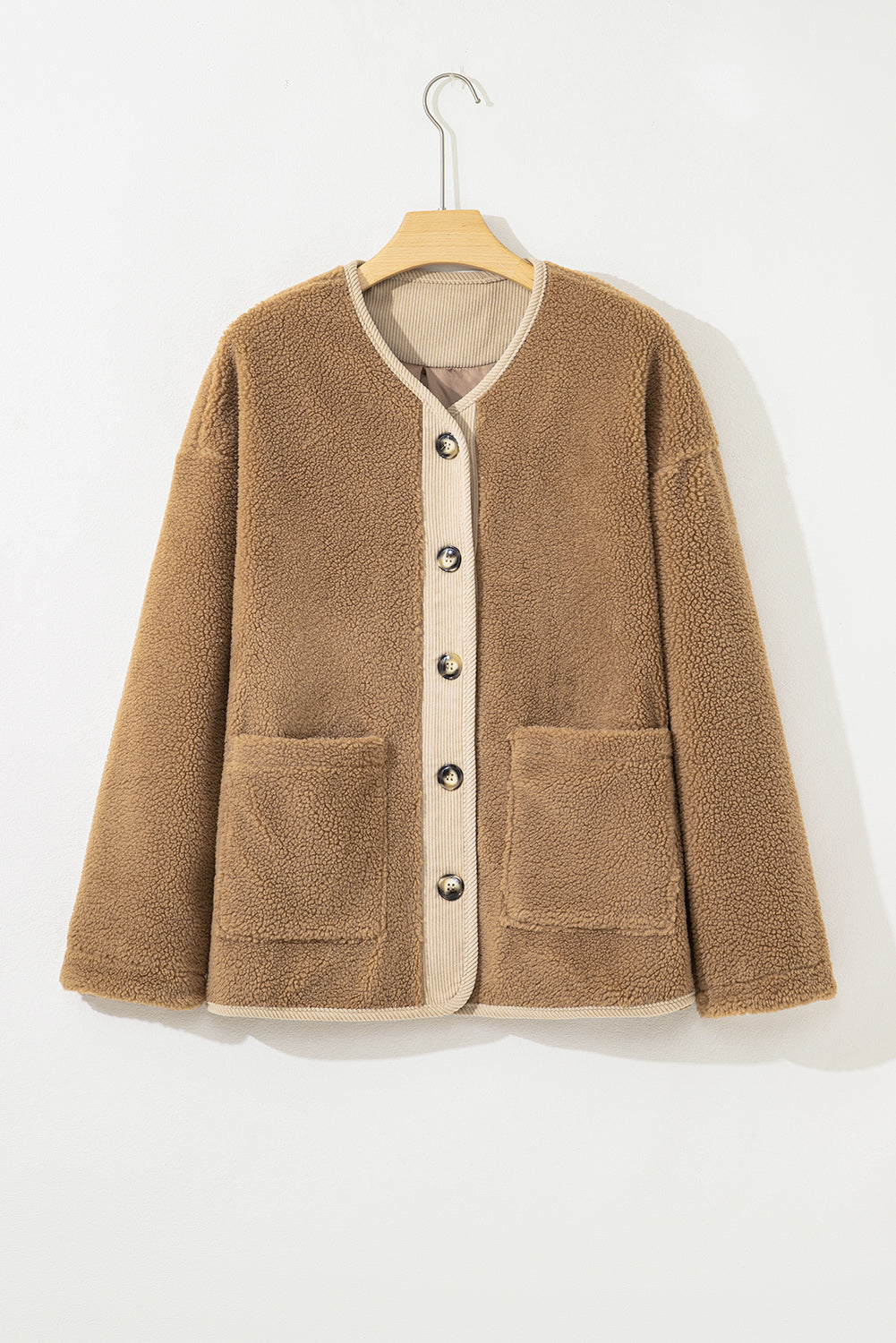 Light French Beige Puffy Plush Corduroy Edge Patchwork Jacket with Big Pockets