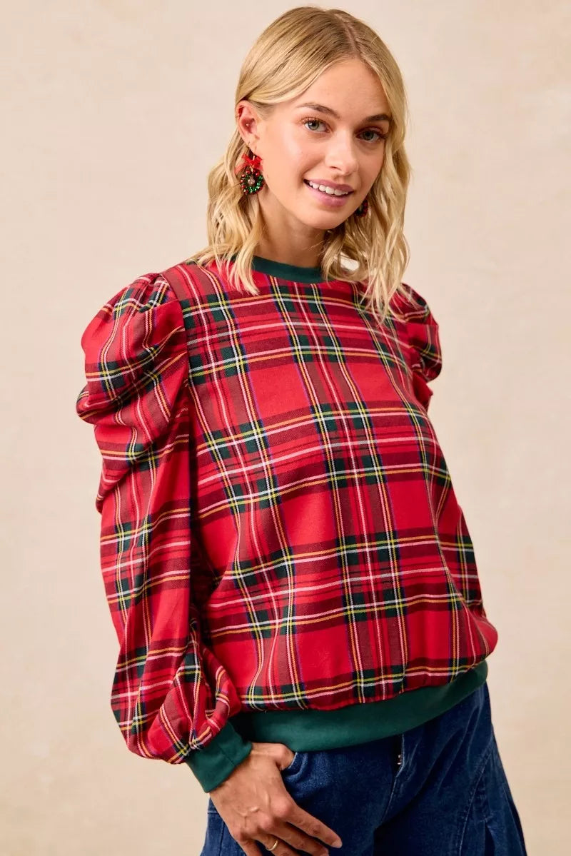 Christmas Plaid Exaggerated Shoulder Sleeves Top