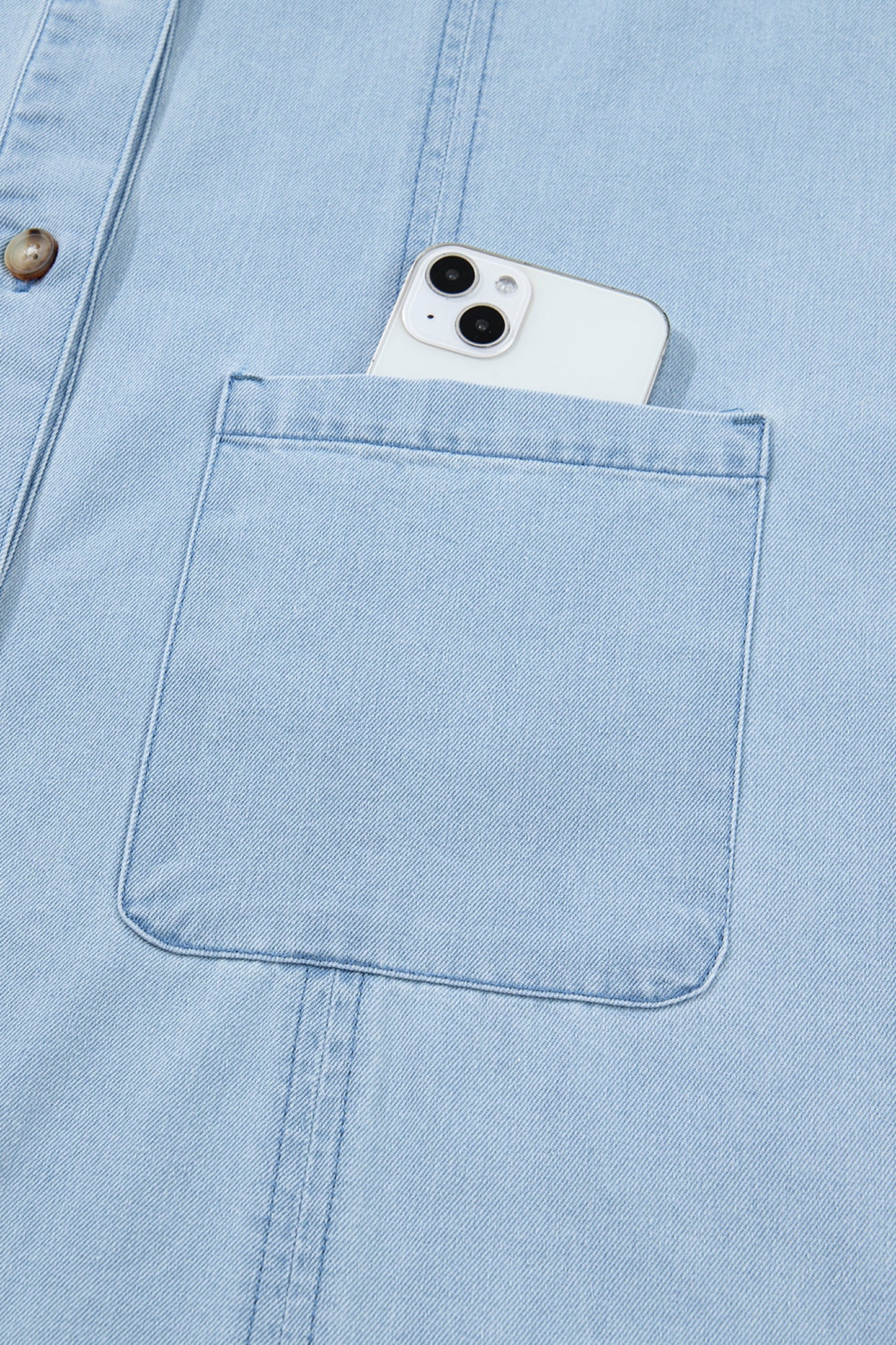 Beau Blue Ruffled Edge Collared Shift Denim Dress with Pockets