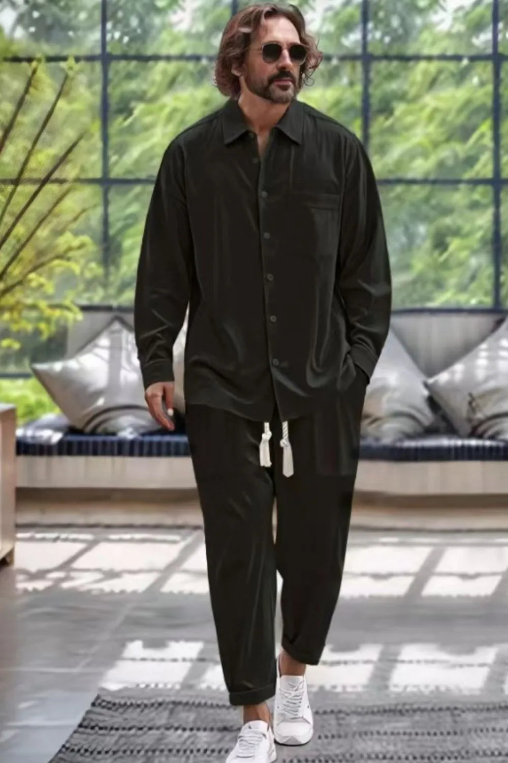 Men's Collared Neck Long Sleeve Top and Pants Set Plus Size
