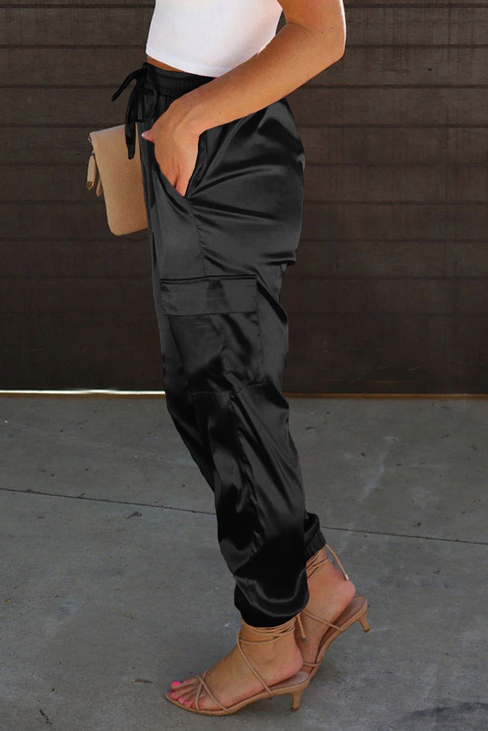 Black Satin Pocketed Drawstring Elastic Waist Pants - Loving It Shop