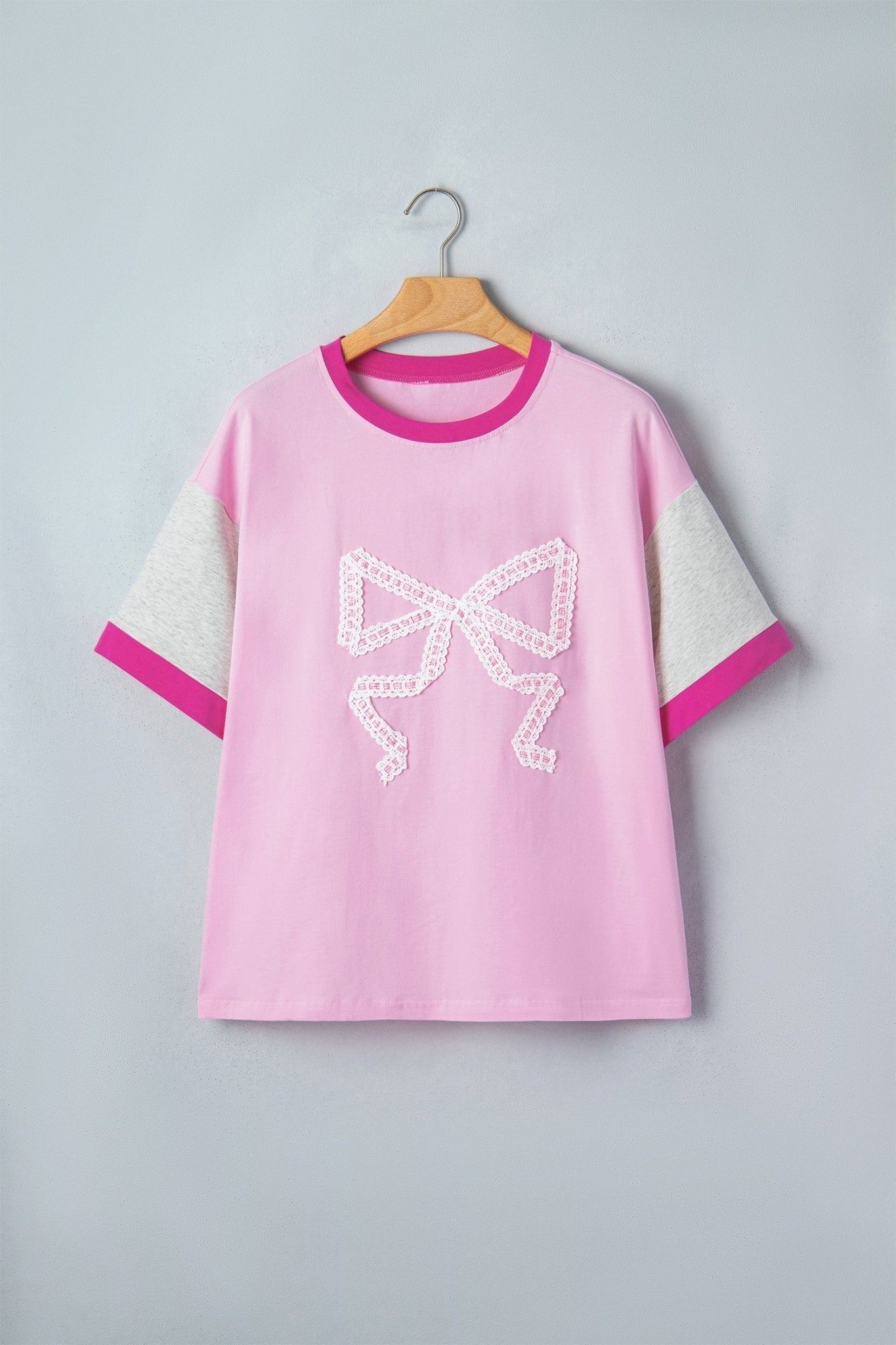 Gossamer Pink Embroidered Bow Detail Color Block Loose Tee - Loving It Shop