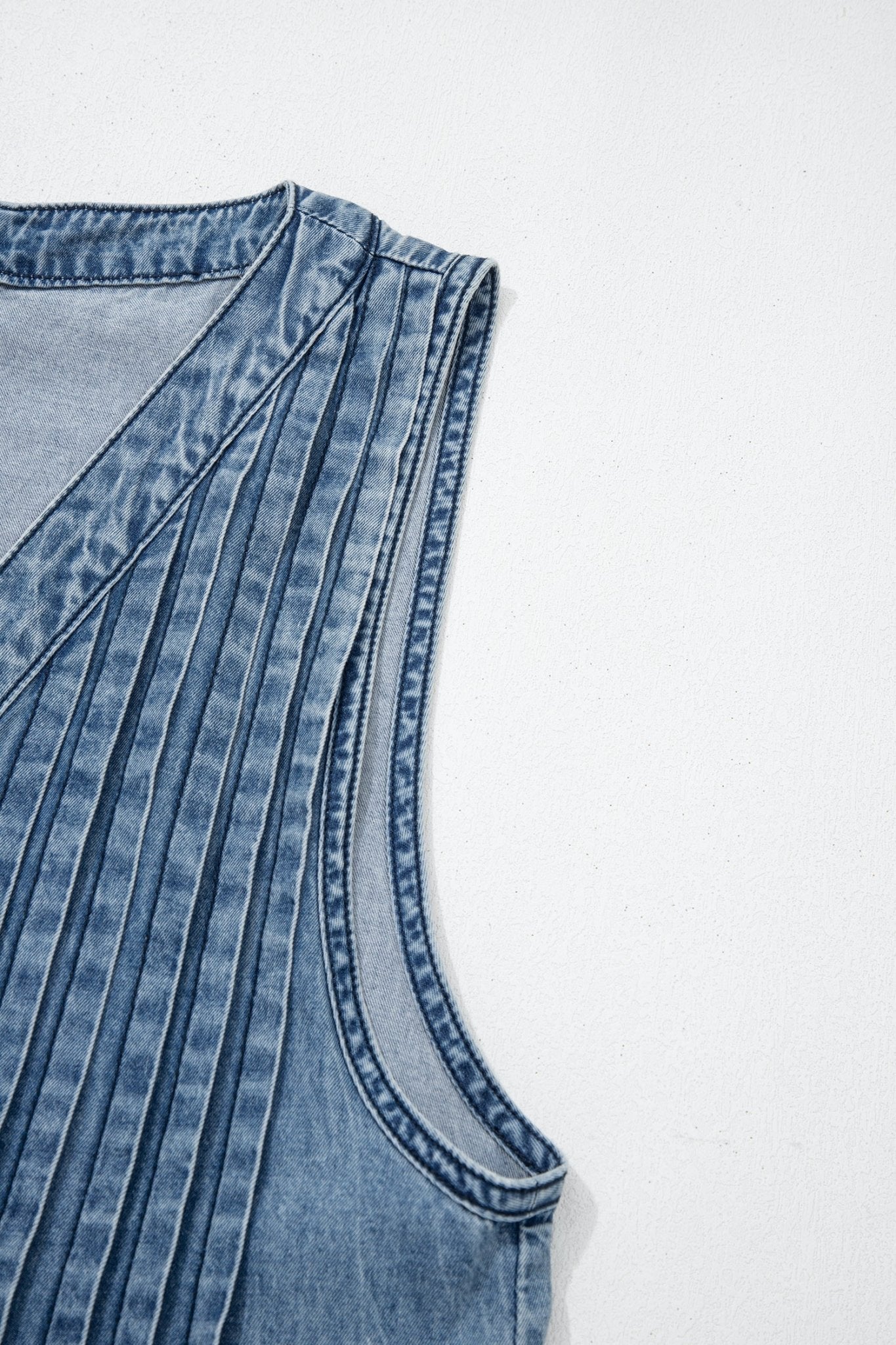 Dusk Blue Acid Wash Pintuck Tie V Neck Denim Wide Leg Jumpsuit - Loving It Shop