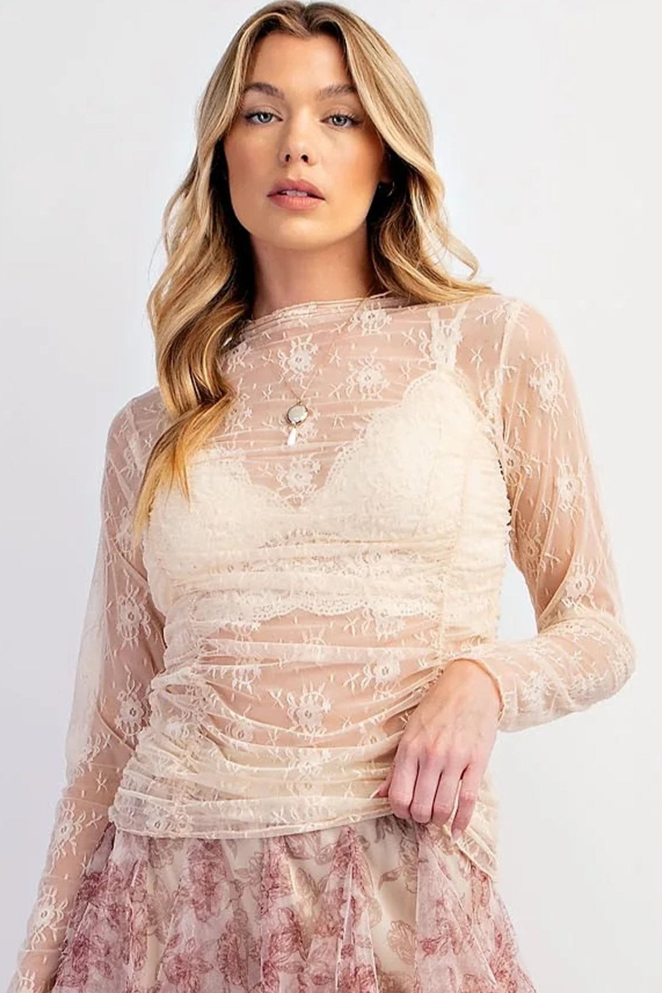 Jet Stream Sheer Floral Mesh Ruched Long Sleeve Top - Loving It Shop