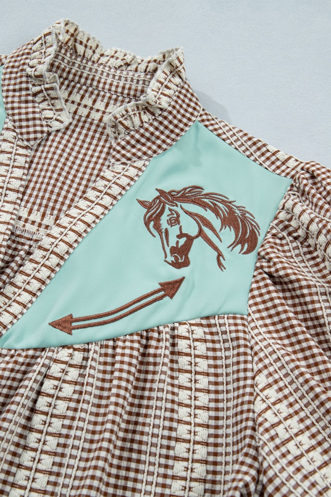 Brown Western Pony Embroidered Yoke Puff Sleeve Gingham Blouse - Loving It Shop