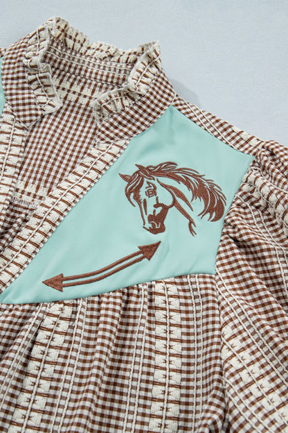 Brown Western Pony Embroidered Yoke Puff Sleeve Gingham Blouse - Loving It Shop