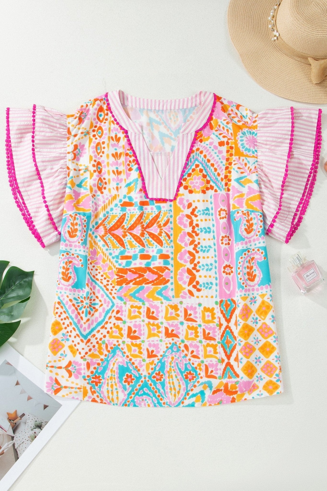Rose Plus Size Geometric Print Contrast Trim Striped V Neck Blouse - Loving It Shop