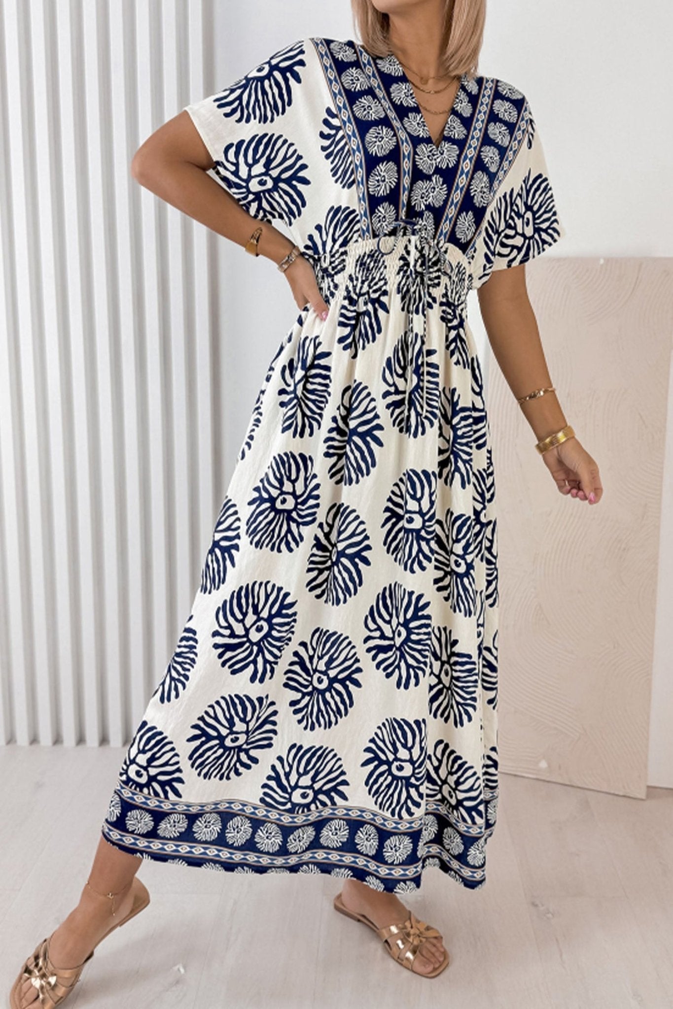 Blue Boho Floral Print Contrast Patchwork V Neck Dolman Maxi Dress - Loving It Shop