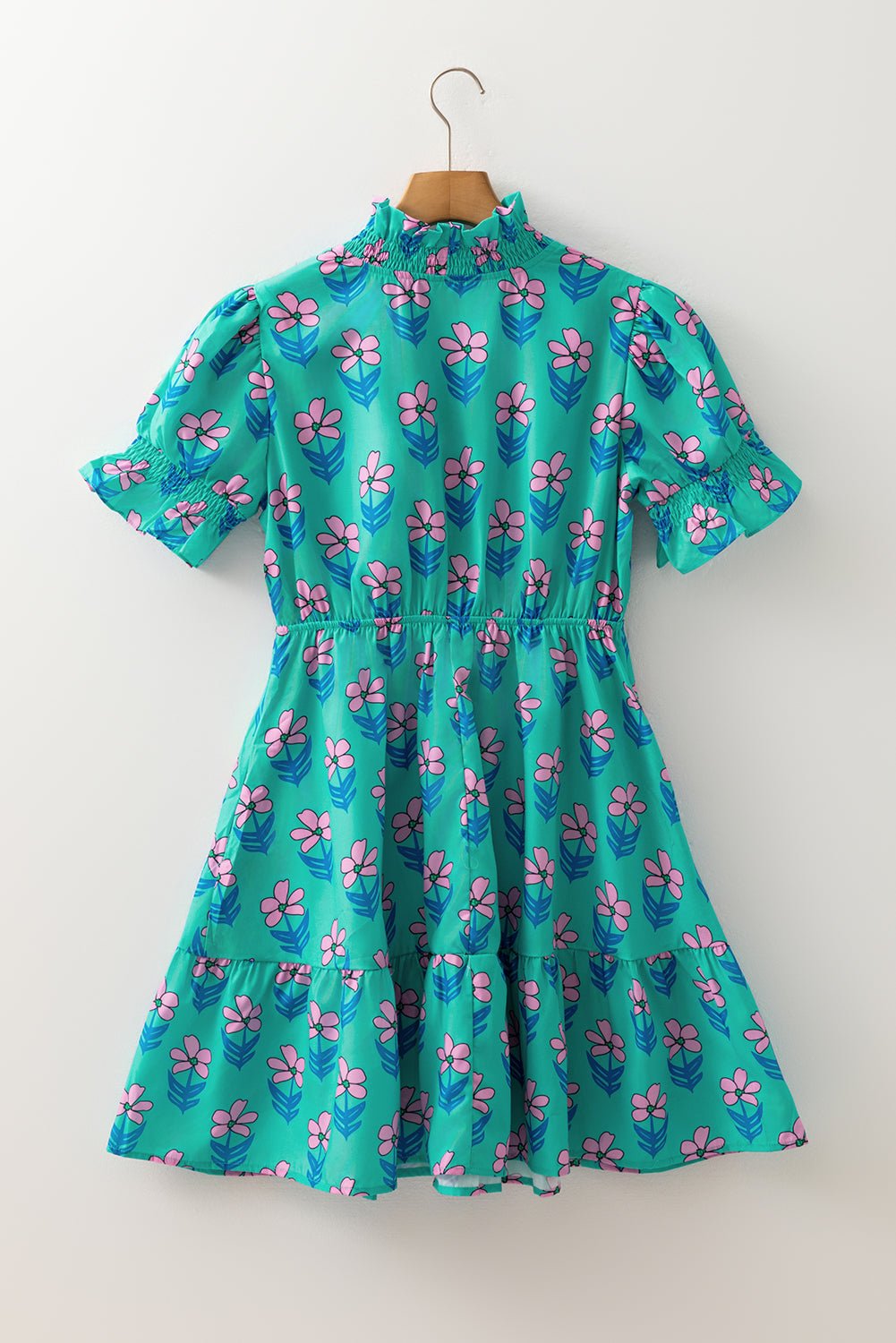 Green Floral Print Frilly Smocked Detail High Waist Mini Dress - Loving It Shop