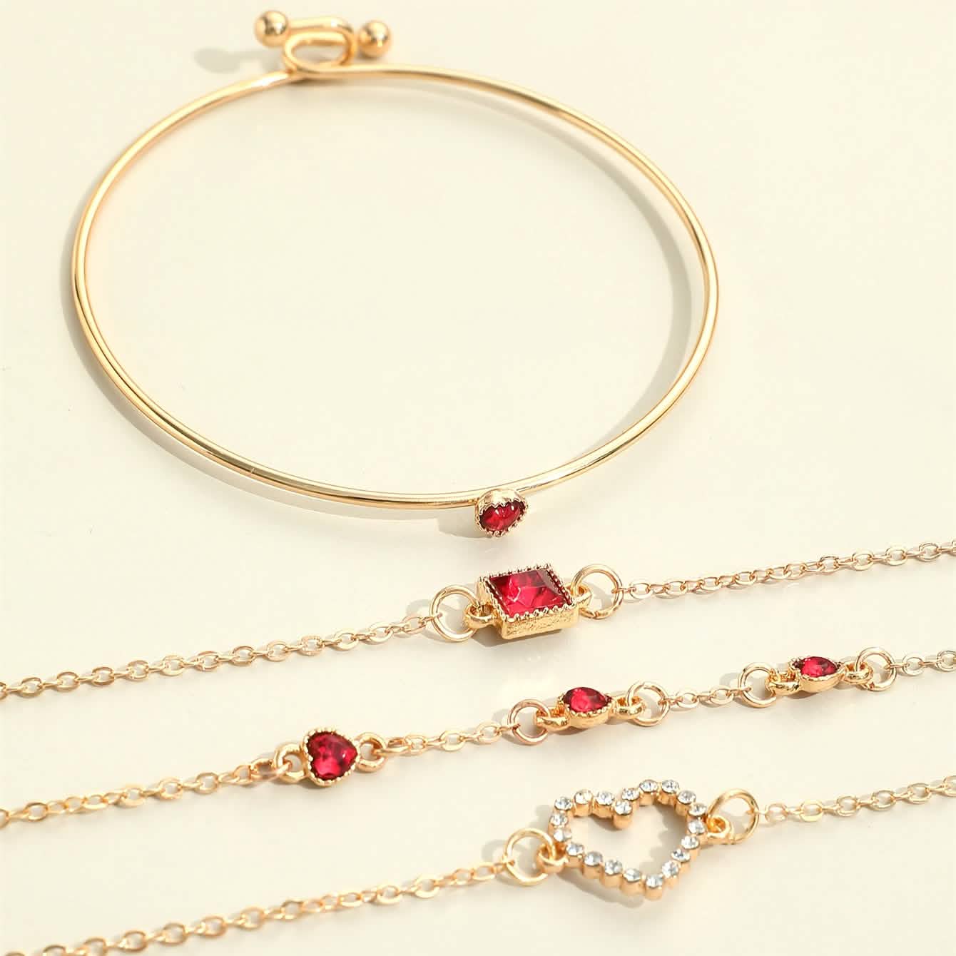 4pcs Rhinestone Alloy Bracelet Set – Minimalist Heart &amp; Square Design