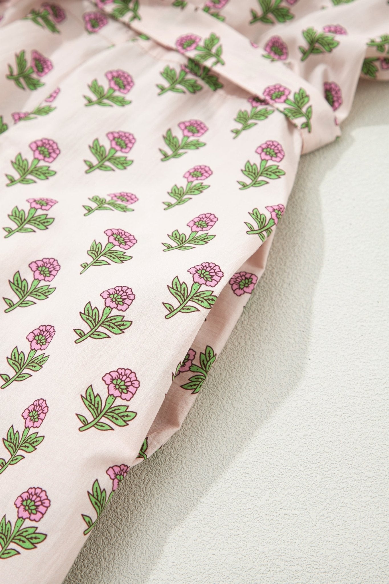 Pink Floral Print V Neck Scallop Trim Button Front Short Sleeve Long Dress - Loving It Shop