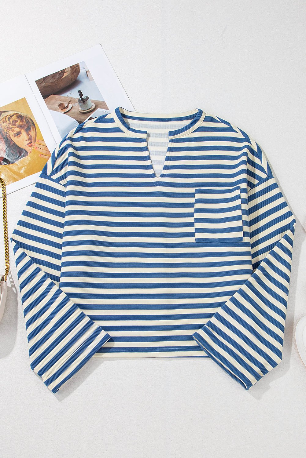 Sky Blue Stripe Chest Pocket Buttoned Back Notched V Neck Top - Loving It Shop
