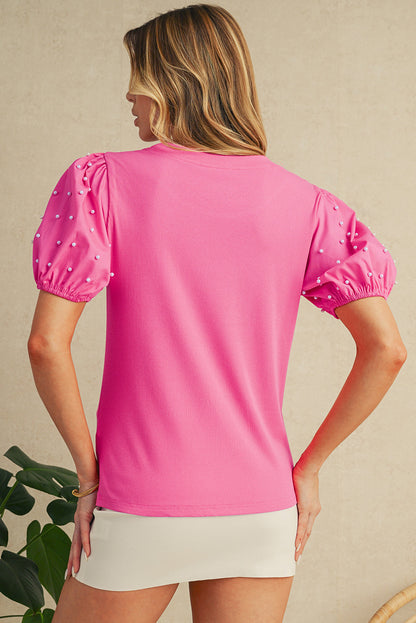 Bright Pink Pearl Beaded Puff Sleeve Ribbed Top