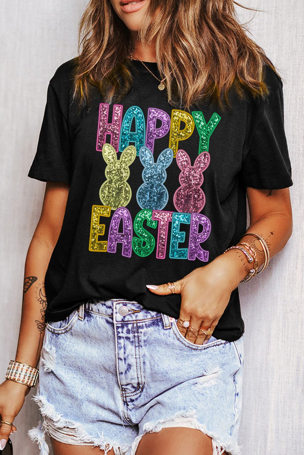 Black Glittering Bunny HAPPY EASTER Graphic T Shirt - Loving It Shop