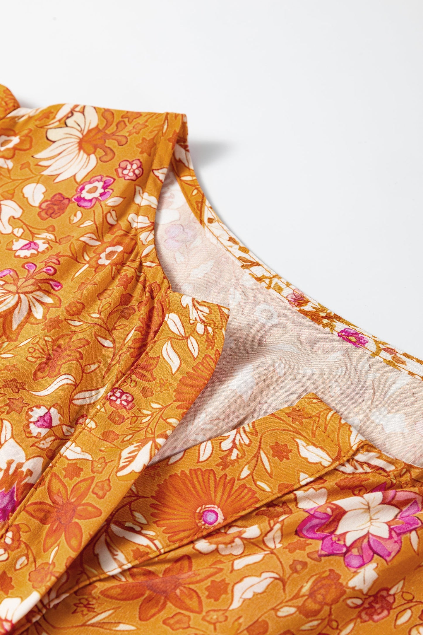 Orange Floral Print Smocked Waist Long Sleeve Boho Maxi Dress
