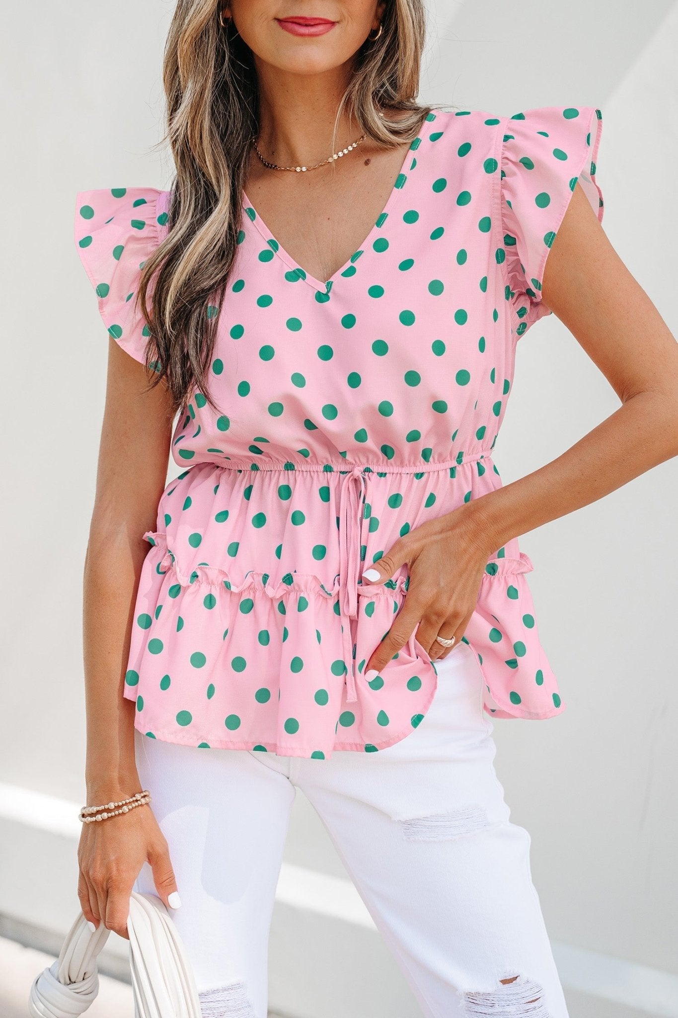 Pink V Neck Polka Dot Print Drawstring Tiered Babydoll Blouse - Loving It Shop