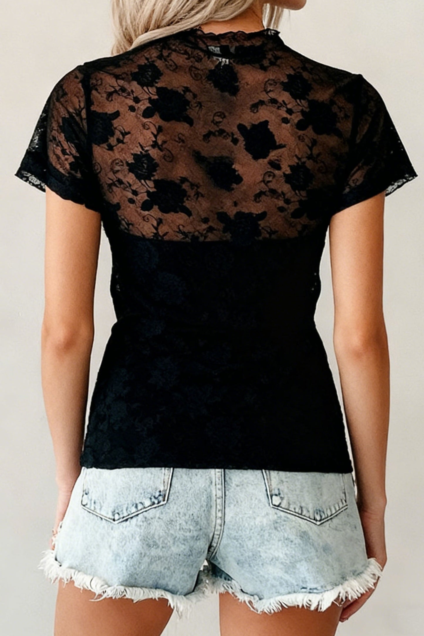 Black Floral Lace Mesh Short Sleeve Sheer Top - Loving It Shop