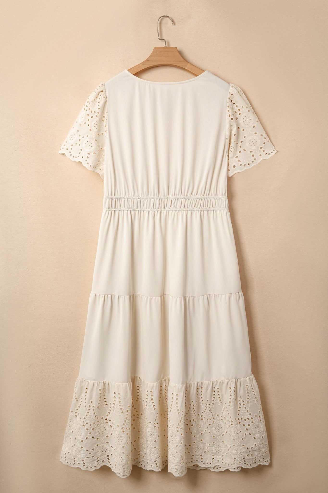 Apricot Plus Size V Neck Lacy Embroidery Patchwork Short Sleeve Maxi Dress - Loving It Shop