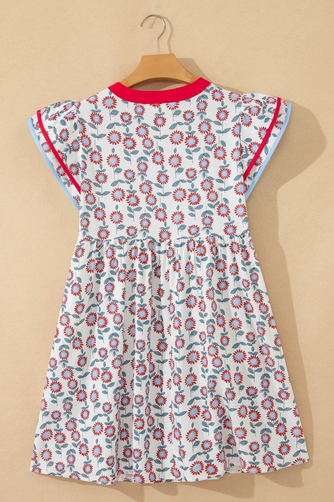 Red Floral Print Contrast Trim Flutter Sleeve Mini Dress - Loving It Shop
