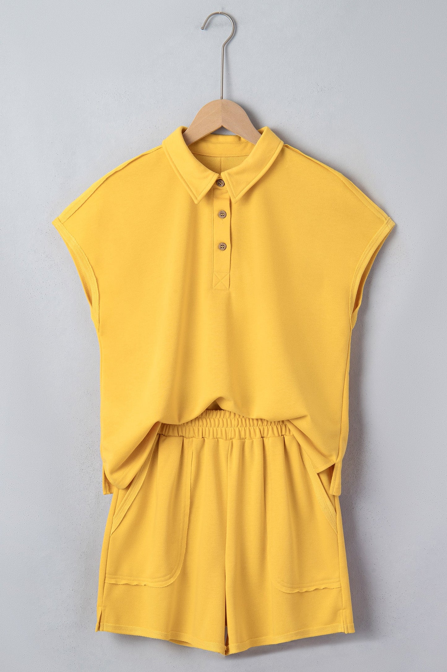 Banana Cream Loose Polo Tee Elastic Waist 2pcs Short Set
