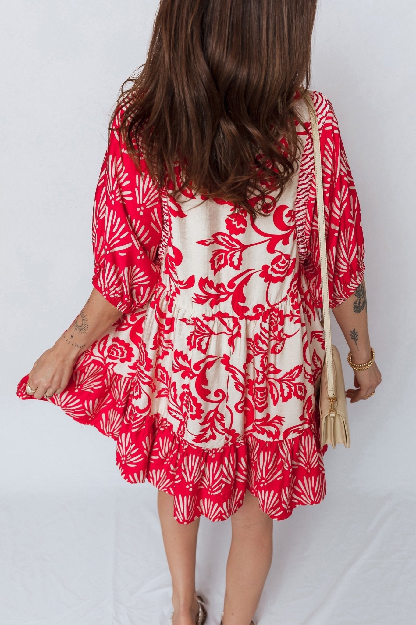 Red Collared V Neck Half Sleeve Loose Flower Mini Dress - Loving It Shop