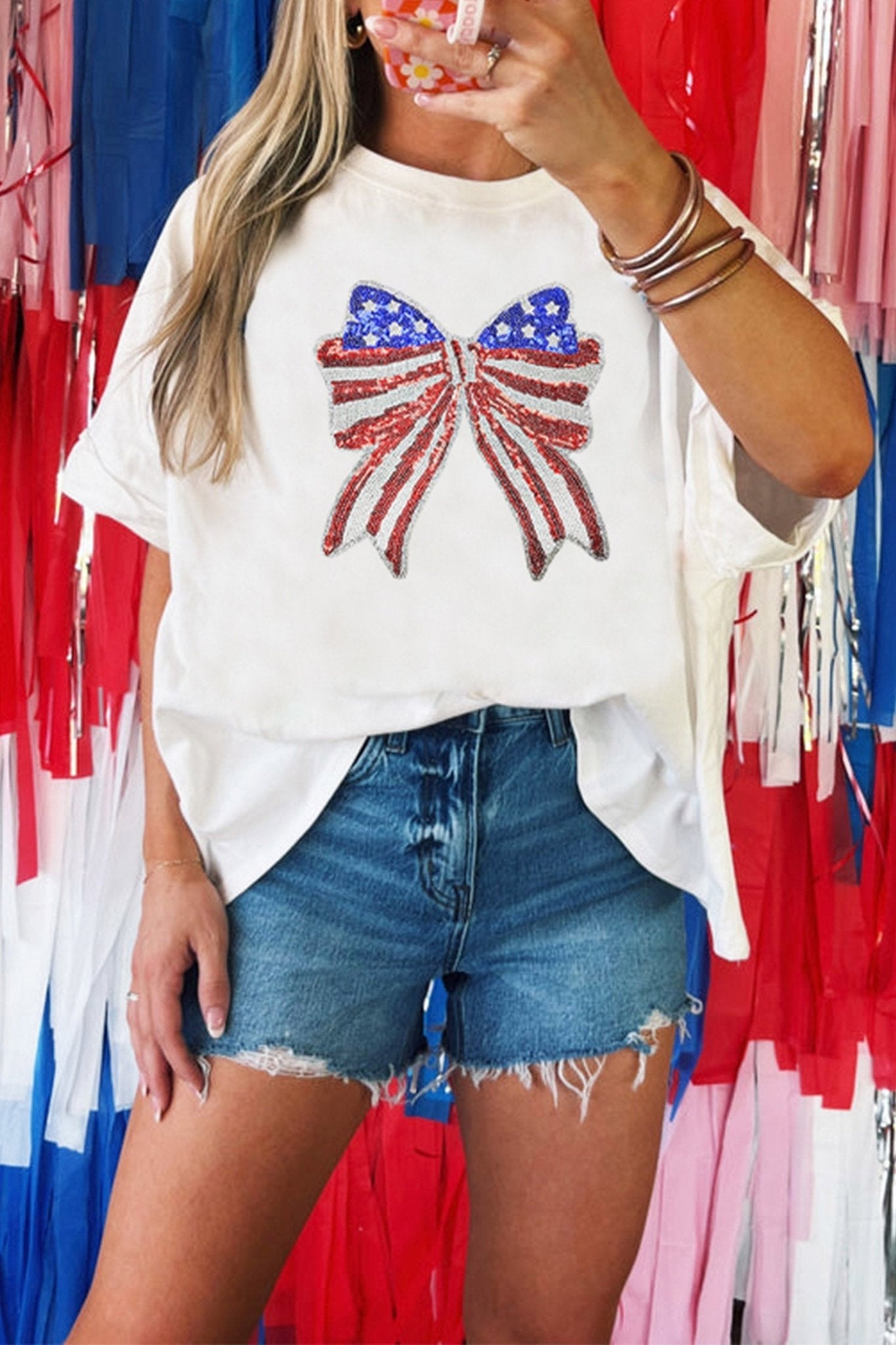 White Patriotic Sequin Bow Graphic Oversized Tee - Loving It Shop