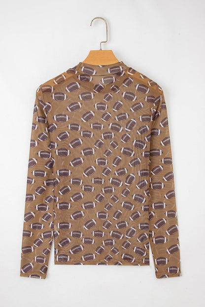 Brown Game Day Rugby Mesh Sheer Long Sleeve Top