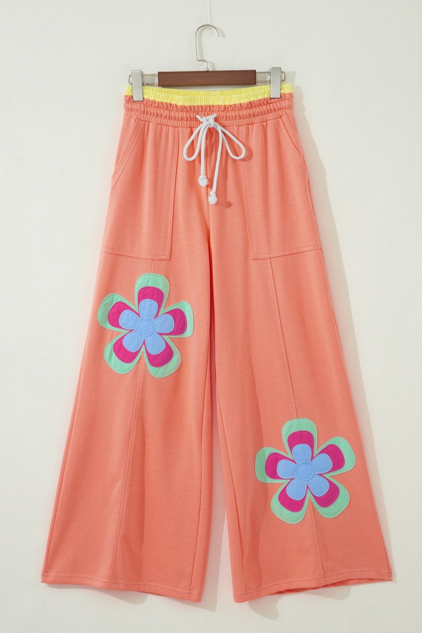 Grapefruit Orange Color Block Flower Patchwork Drawstring Contrasted Elastic Waist Wide Leg Pants - Loving It Shop