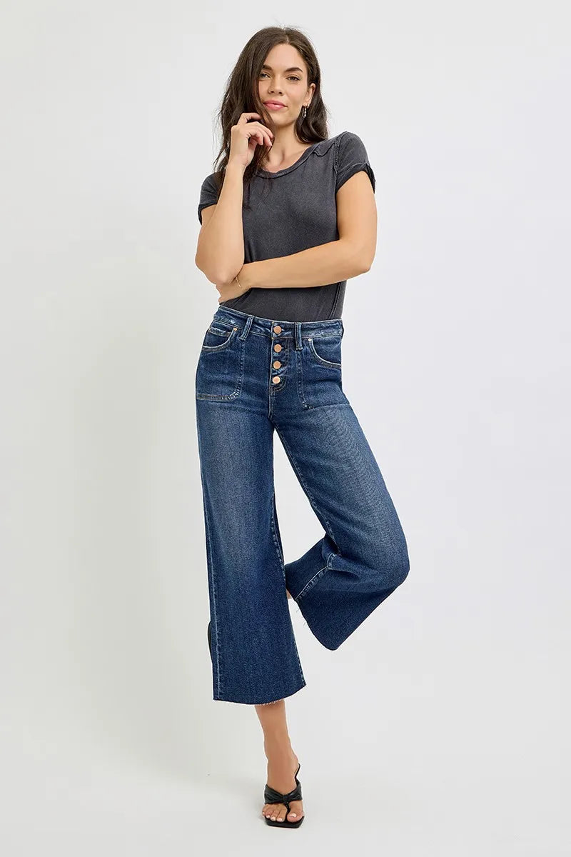 Full Size High Rise Crop Wide Button Up Jeans Plus Size