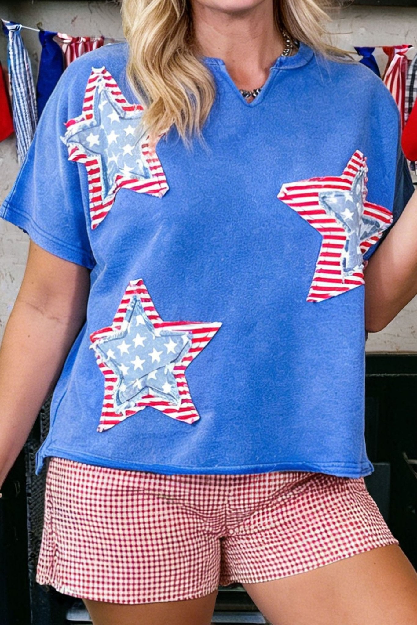 Sky Blue Patriot Star Patched Notched Neck Mineral Washed Tee - Loving It Shop