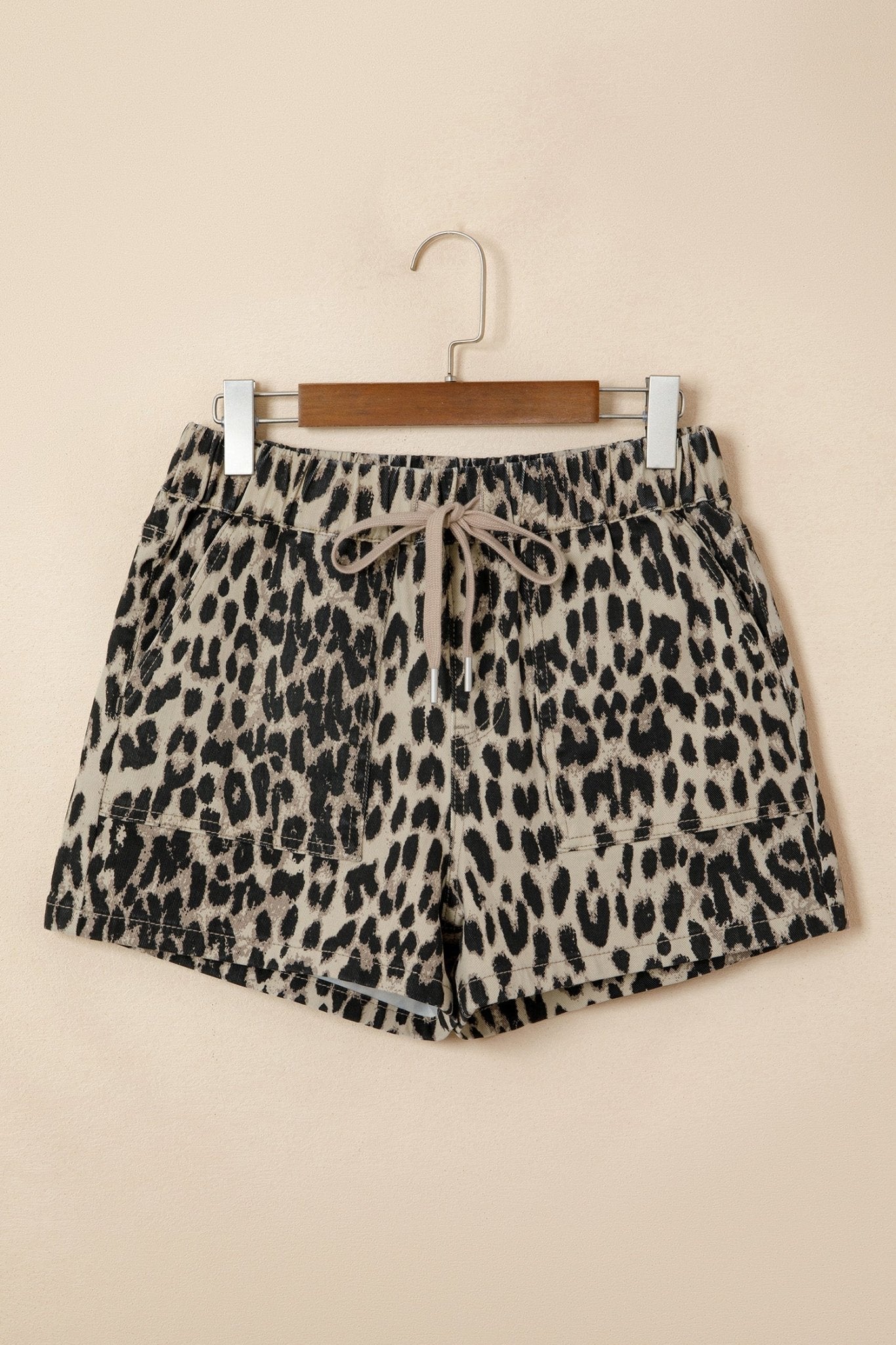 Brown Retro Leopard Print Lace - up Elastic Waistband Mid Rise Denim Shorts - Loving It Shop